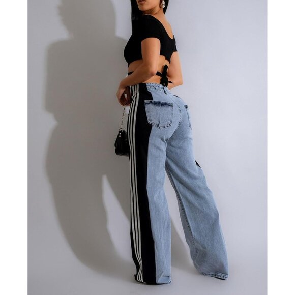 Womens Wide Leg Stretch Jeans High Waisted Color Block Casual Pants - Picture 3 of 8
